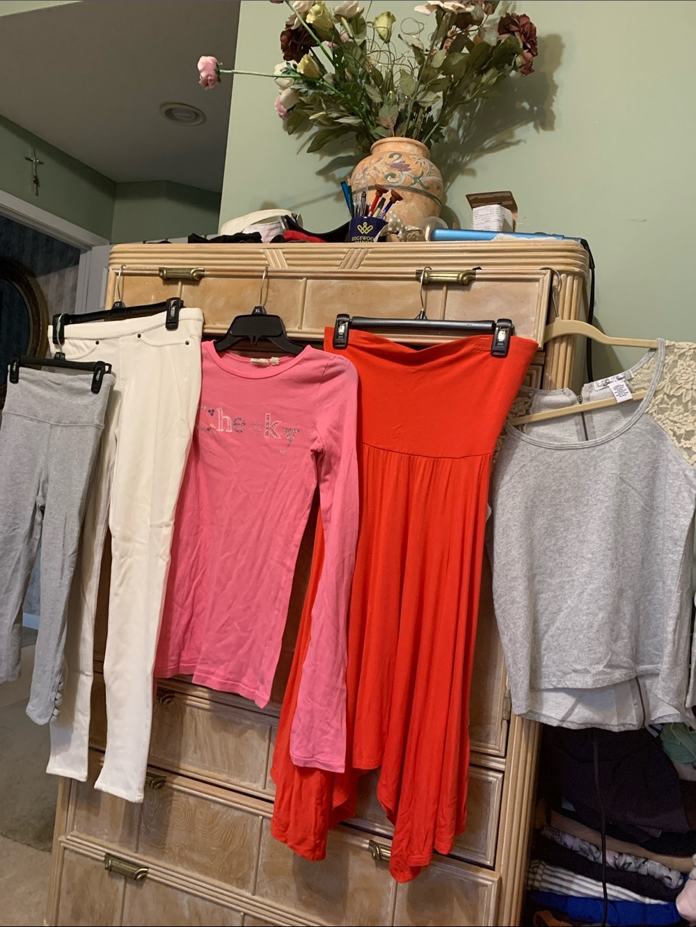Burnt orange Strapless dress, gray top & leggings, pink top & cream leggings